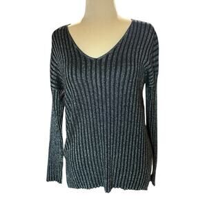Vince Camuto Black/Silver Ribbed V-Neck Top/Sweater - Large